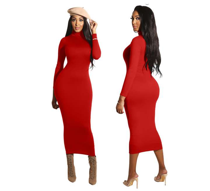 Women Lady Vestidos Ruched Long Sleeve Sheath BodyCon Midi Sexy Dress