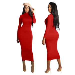 Women Lady Vestidos Ruched Long Sleeve Sheath BodyCon Midi Sexy Dress