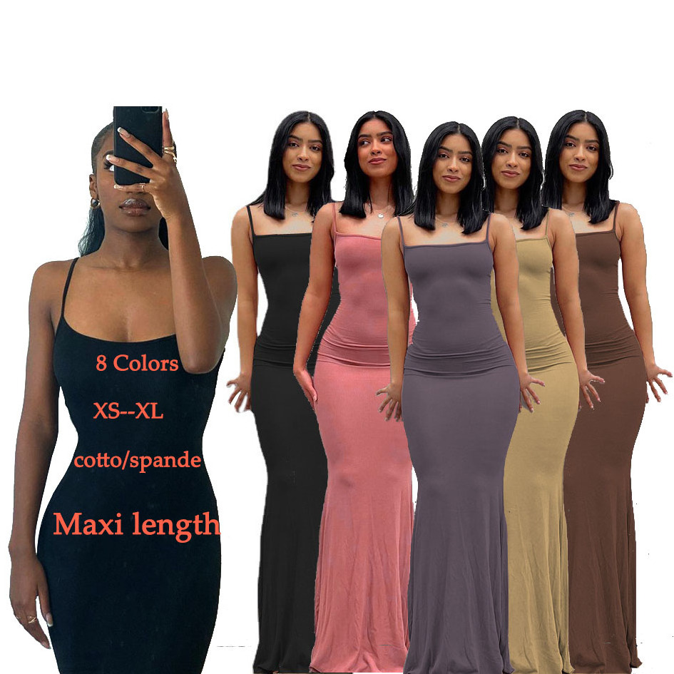 Women Summer Soft Drapey Long Slip Dress Straight Neckline Body Hugging Fit Maxi casual Dresses