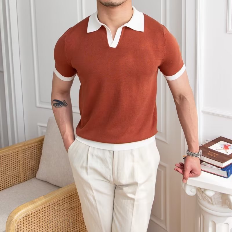 Men's Sweater Knitted Contrast trim collar and cuff band custom polo t-shirt