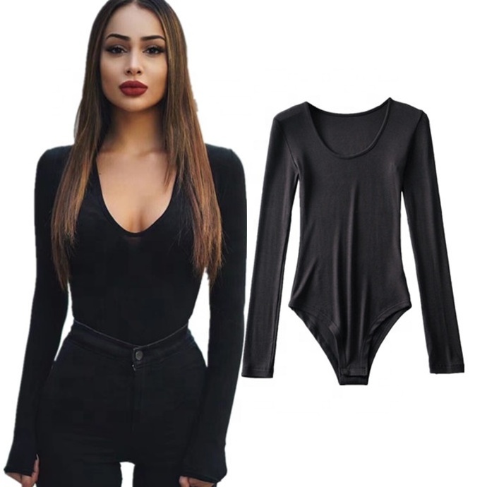 Popular Autumn Ladies Bodysuits Solid Color Large Round Neck Casual Long-Sleeved Short Rompers Women Jumpsuit