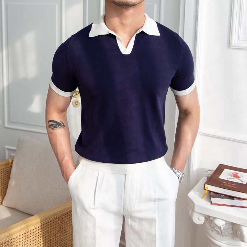 Men's Sweater Knitted Contrast trim collar and cuff band custom polo t-shirt