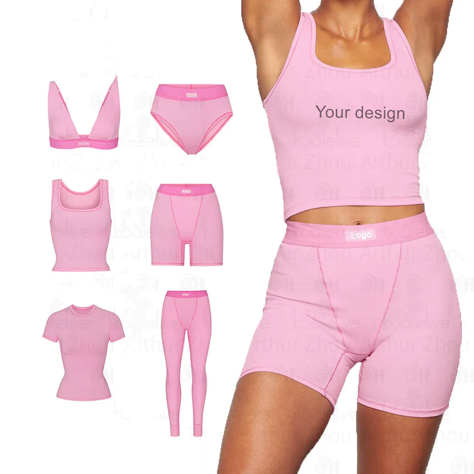 Custom Logo Rib Stretch Pink Solid colors Shorts Leggings tank top t shirt slim Women two pieces Sets Lounge wear suit sets