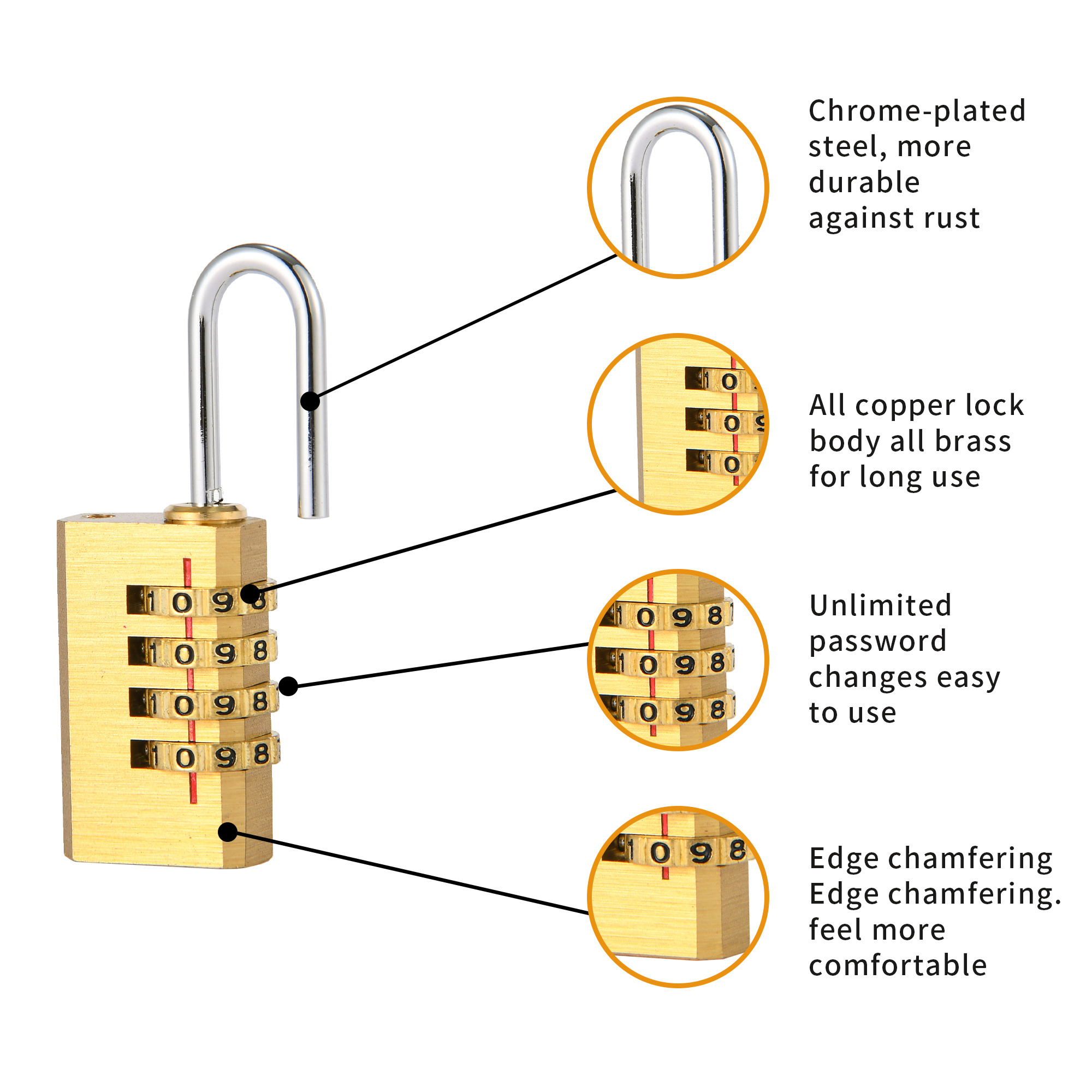 Wholesale Resettable Brass Combination Padlocks 21mm 4 digit code number door travel luggage zipper locks