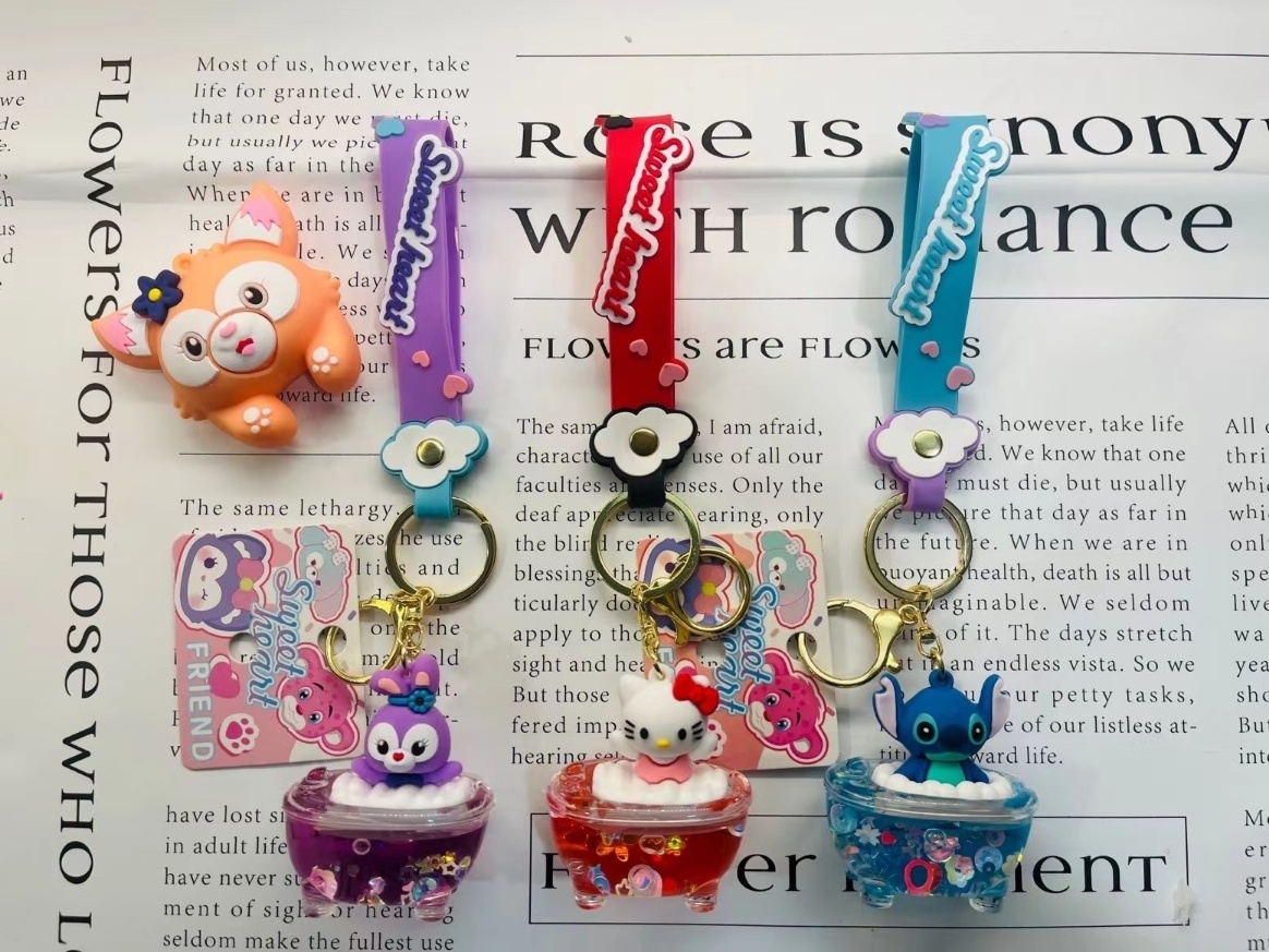 Promotional Product Cartoon Cute SANRIO Oil Floating Liquid Keychain Bathtub Shape Stitch KT Cat Bathing Keyring Key Chain Ring