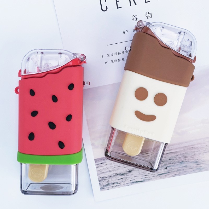 Hot Selling Ice Cream Bottle Fall-Resistant Popsicle Cups For Children Cute Portable Student's Sports Drink Bottle With Straw