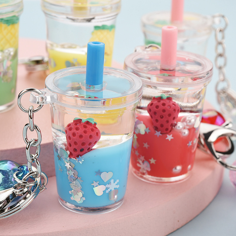 Cartoon Cute Unicorn Keychain Milk Tea Cup Liquid Quicksand Keychain Key Ring Charm Bag Car Pendant Key Chain for Women Men Kids