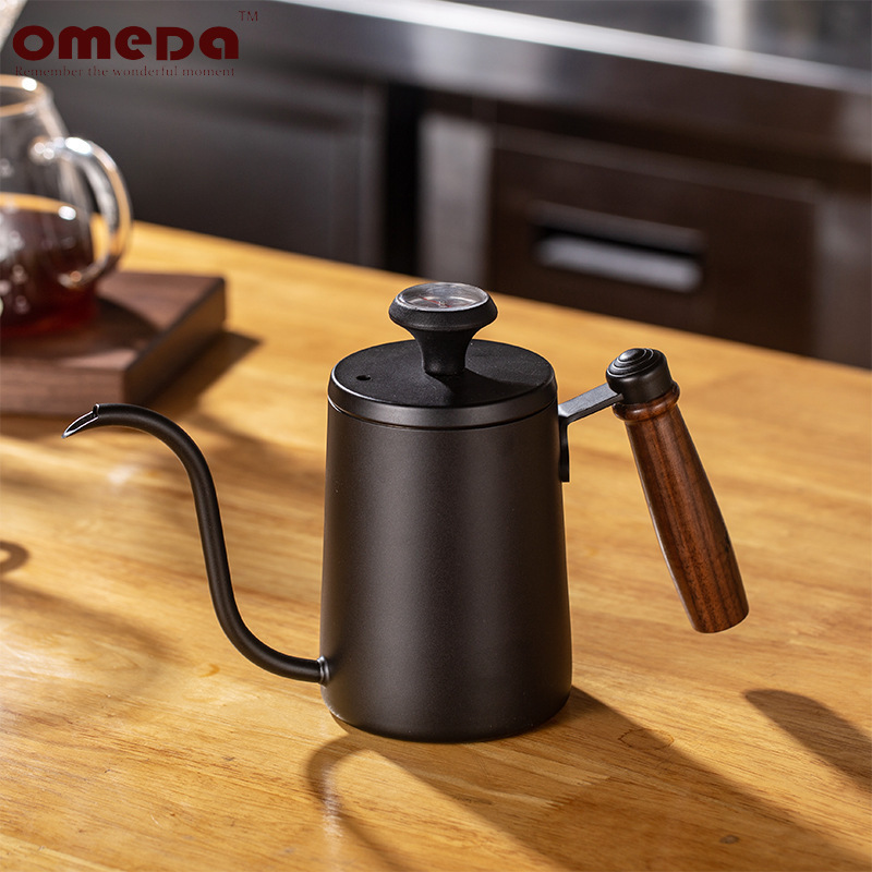 600ml Tea Kettle 304 Stainless Steel Drip Kettle Dripper Thermometer Coffee Pot Coffee Kettle With Long Wooden Handle