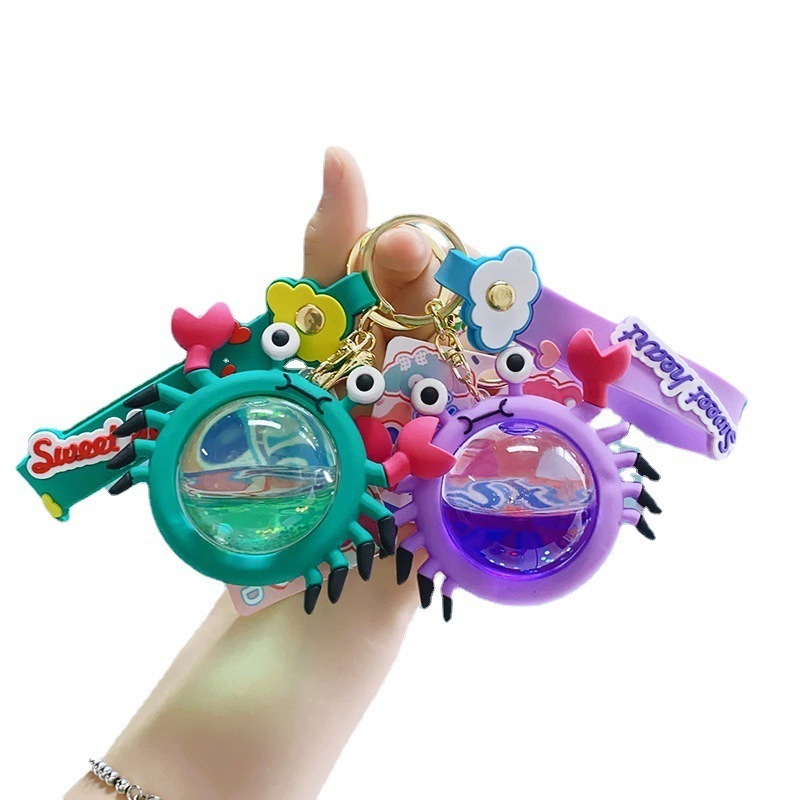 Creative Cartoon Acrylic Keyring Key Chain Ring Oil Floating Quicksand Ball Filled Crab Liquid Keychain Bag Pendant Gifts Set