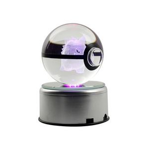 Hot Selling Custom Pattern Poke-Mon 3D Inner Carving Crystal Ball With Flash Light Stand Cartoon Creative Pokeball Birthday Gift