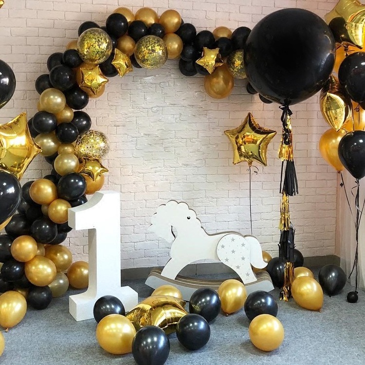 Anniversary Graduation Happy Birthday Party Decoration Black and Gold Metallic Confetti Balloons set