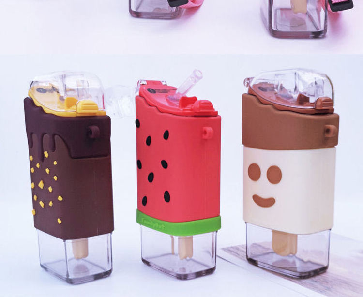 Hot Selling Ice Cream Bottle Fall-Resistant Popsicle Cups For Children Cute Portable Student's Sports Drink Bottle With Straw