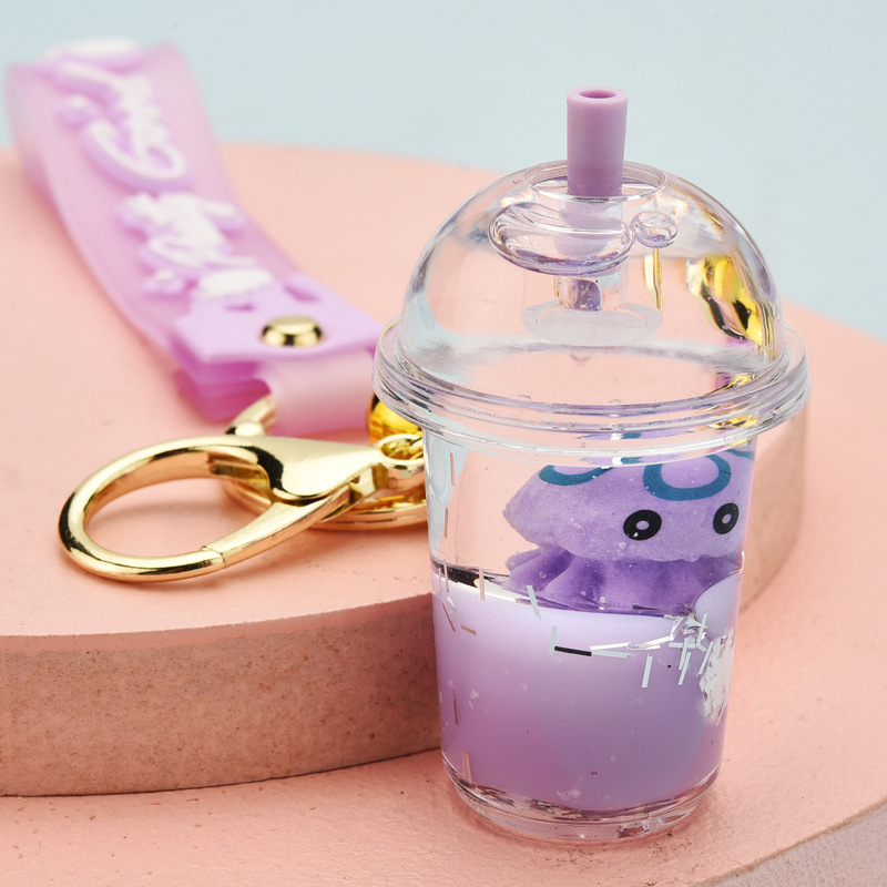 Acrylics Quicksand Keychains Pendant Milktea Cup Cute Stitch Floating Liquid Key Chain