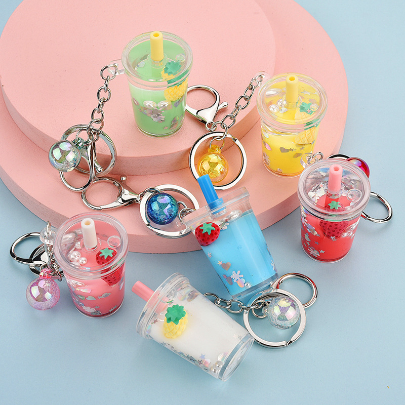 Cartoon Cute Unicorn Keychain Milk Tea Cup Liquid Quicksand Keychain Key Ring Charm Bag Car Pendant Key Chain for Women Men Kids