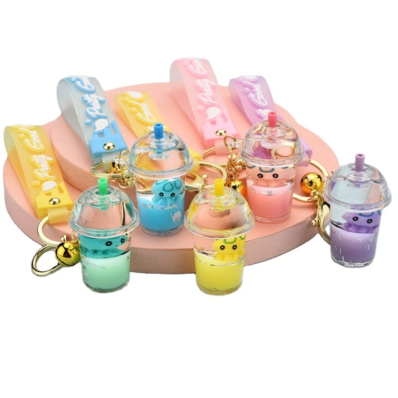 Acrylics Quicksand Keychains Pendant Milktea Cup Cute Stitch Floating Liquid Key Chain