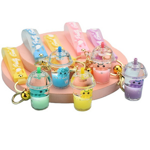 Acrylics Quicksand Keychains Pendant Milktea Cup Cute Stitch Floating Liquid Key Chain