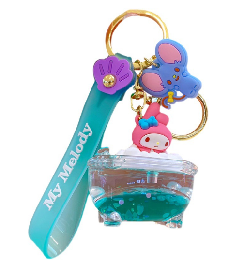 Promotional Product Cartoon Cute SANRIO Oil Floating Liquid Keychain Bathtub Shape Stitch KT Cat Bathing Keyring Key Chain Ring