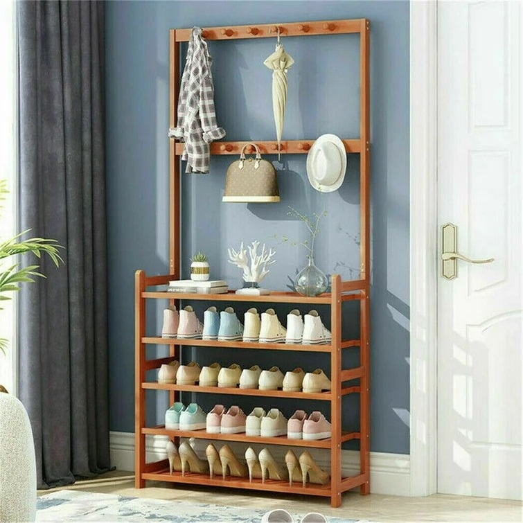 Bamboo Shoe Rack Storage Organizer with Clothes Stands Shoe Racks for Home