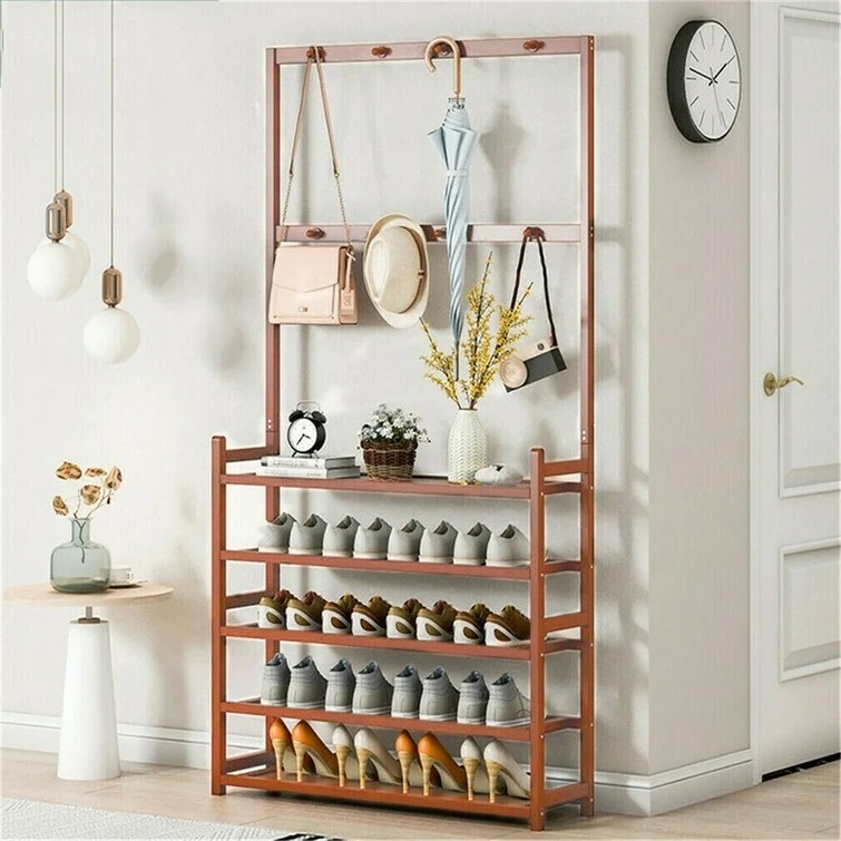 Bamboo Shoe Rack Storage Organizer with Clothes Stands Shoe Racks for Home