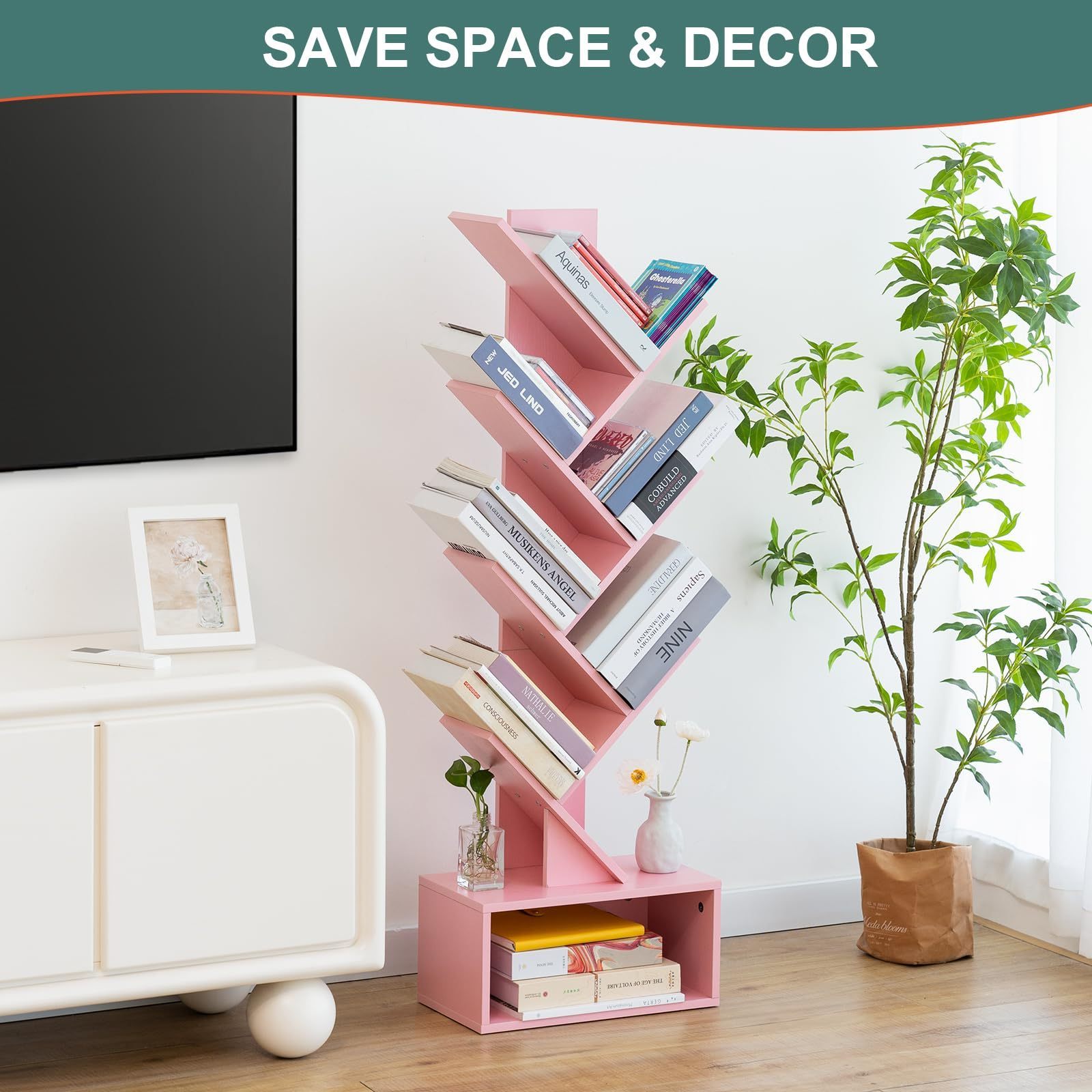 Floor Standing Bookcase, Tall Wood Book Storage Rack for CDs/Movies/Books, Utility Book Organizer Shelves Bookcases