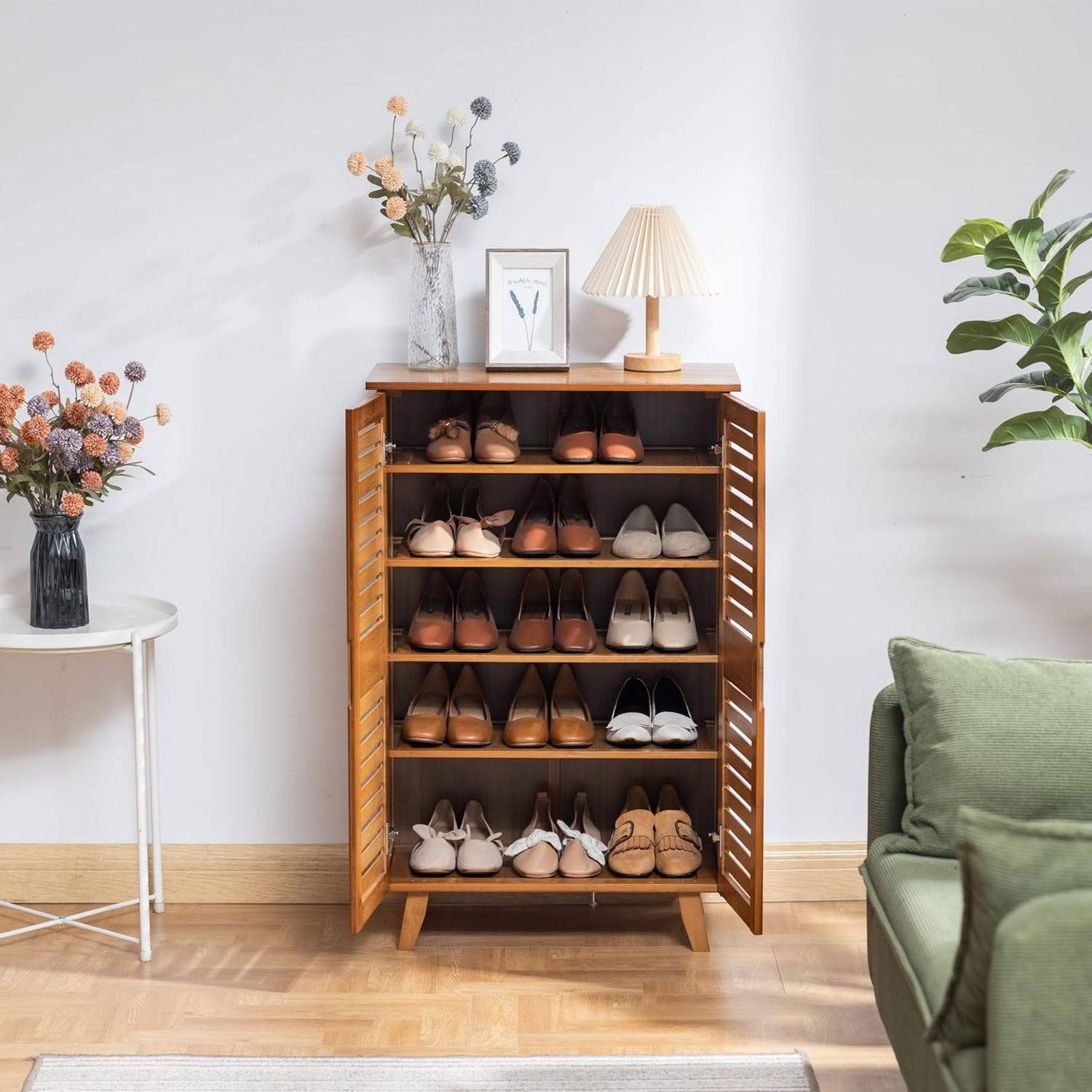 Bamboo Shoe Cabinet, Two-Door Shoe Storage Cabinet with Drawers, 4 Tier Bamboo Shoe Organizer Cabinet wooden shoe rack