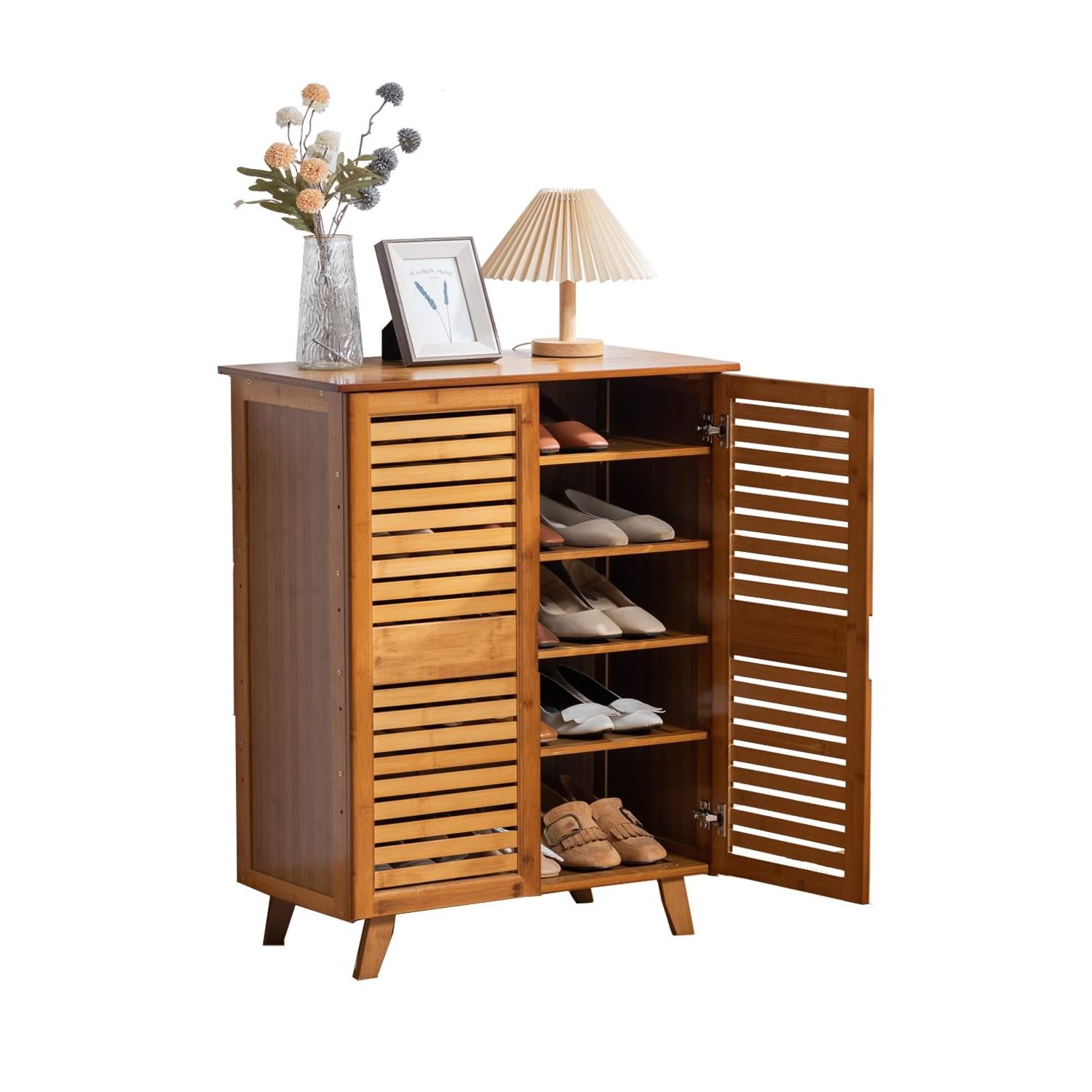 Bamboo Shoe Cabinet, Two-Door Shoe Storage Cabinet with Drawers, 4 Tier Bamboo Shoe Organizer Cabinet wooden shoe rack