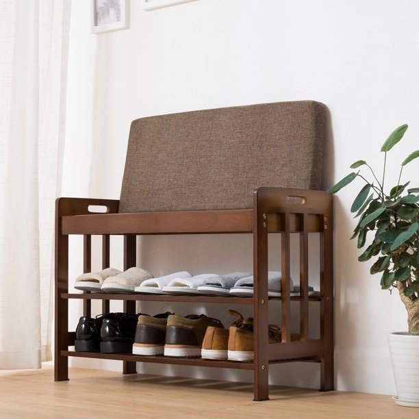 Modern Wooden Shoe Racks for Home Bamboo Shoe Bench with Seat Cushion