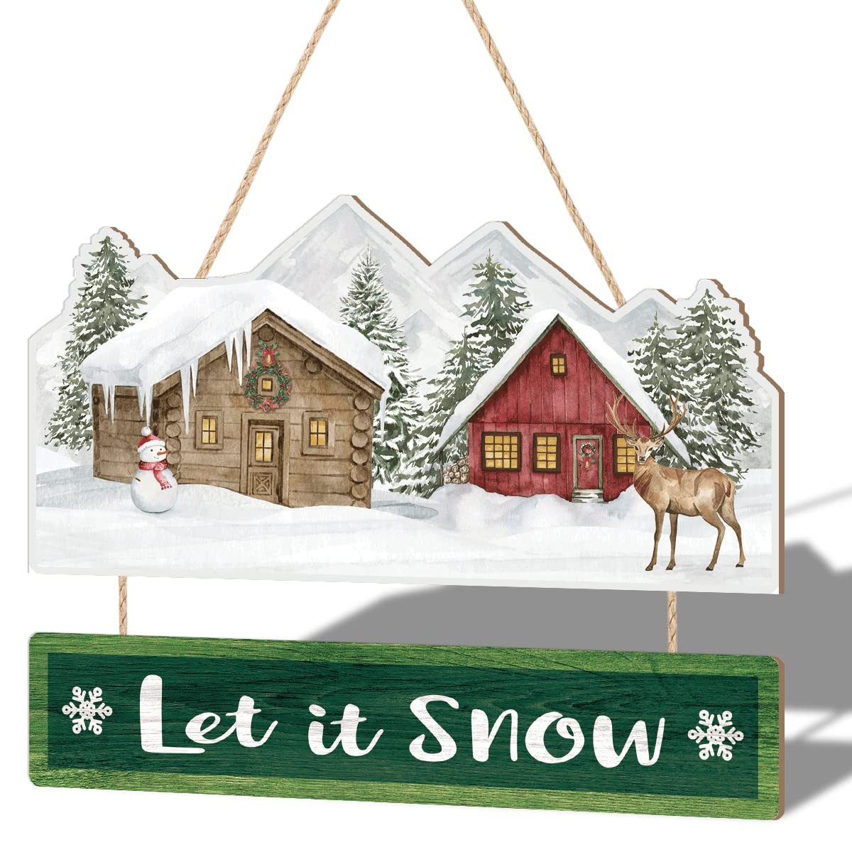 Creative Wooden Plaque 'Let It Snow' Winter Wood Craft Snowman and Elk Hanging Sign for Front Door Decoration