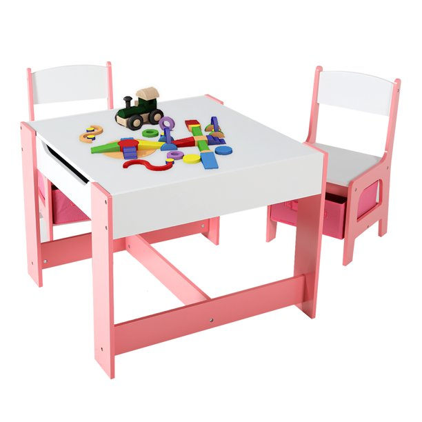 White and Pink Kids Table and Chairs Wood Sensory Activity Table Kids Table and Chairs