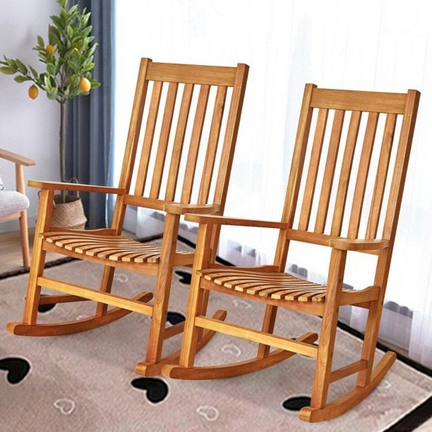 2PCS Wood Rocking Chair Porch Rocker High Back Garden Seat Indoor Outdoor