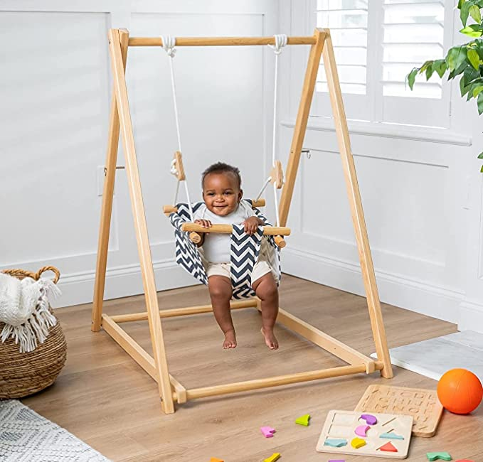 Indoor and Outdoor Foldable Wooden Baby Swing Chair Hanging Swing Chair with Stand home swing