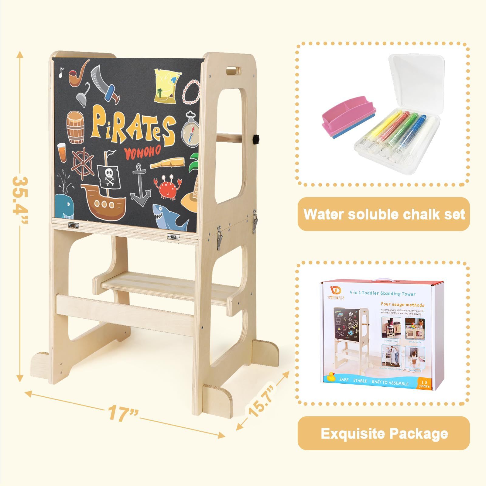 Montessori kid Kitchen step Tower Helper kitchen standing tower Adjustable 4 in 1 children Natural Wooden Stool with Chalkboard