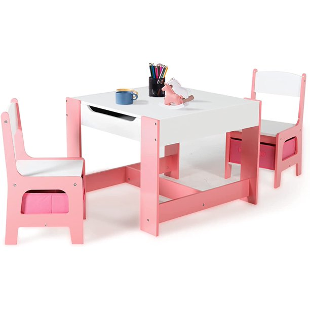 White and Pink Kids Table and Chairs Wood Sensory Activity Table Kids Table and Chairs