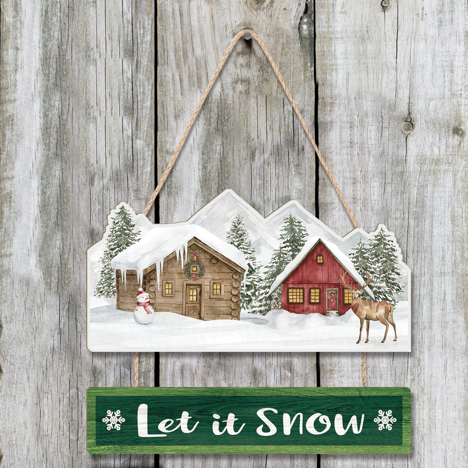 Creative Wooden Plaque 'Let It Snow' Winter Wood Craft Snowman and Elk Hanging Sign for Front Door Decoration