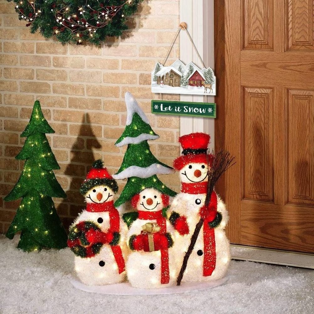 Creative Wooden Plaque 'Let It Snow' Winter Wood Craft Snowman and Elk Hanging Sign for Front Door Decoration