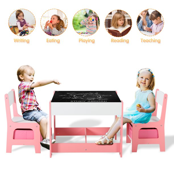 White and Pink Kids Table and Chairs Wood Sensory Activity Table Kids Table and Chairs