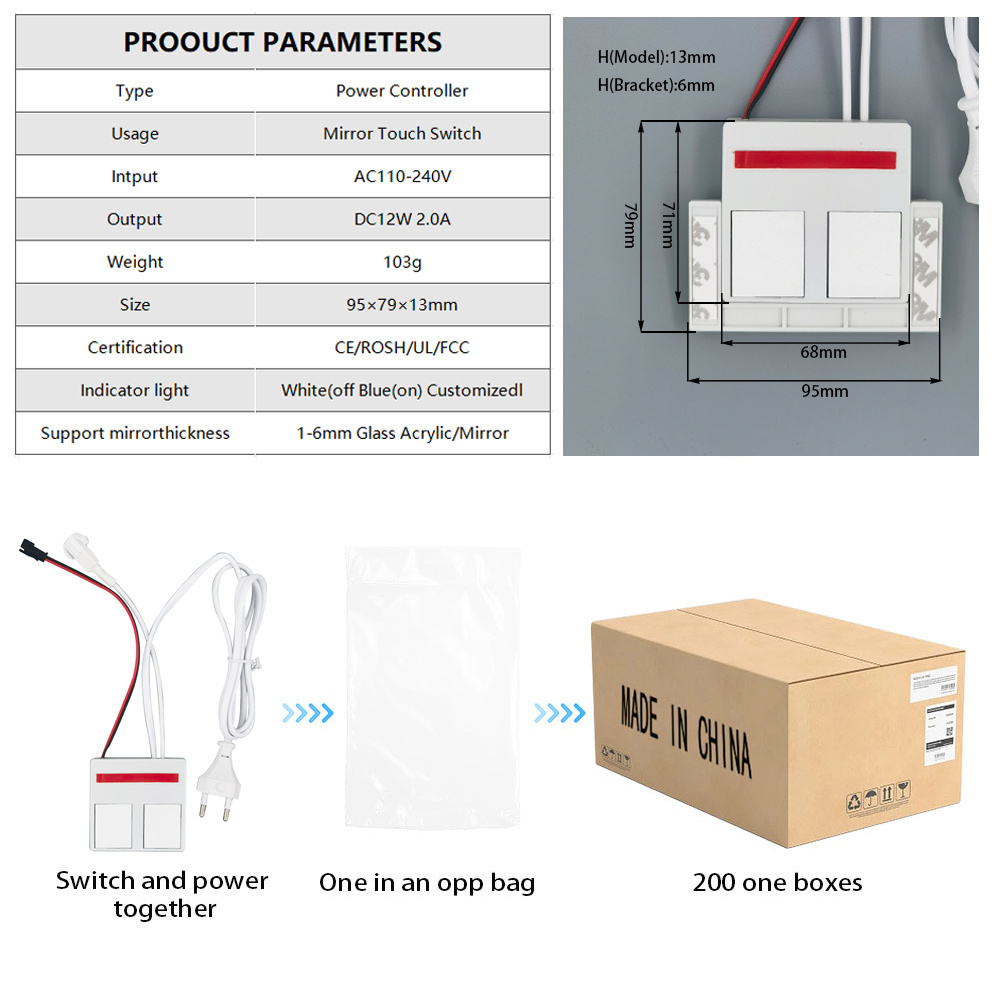 Touch Sensor Switch Stepless Dimming 12V LED Light Source Integrated Bathroom Mirror Switch 1N1NC Combination 1A Max Current