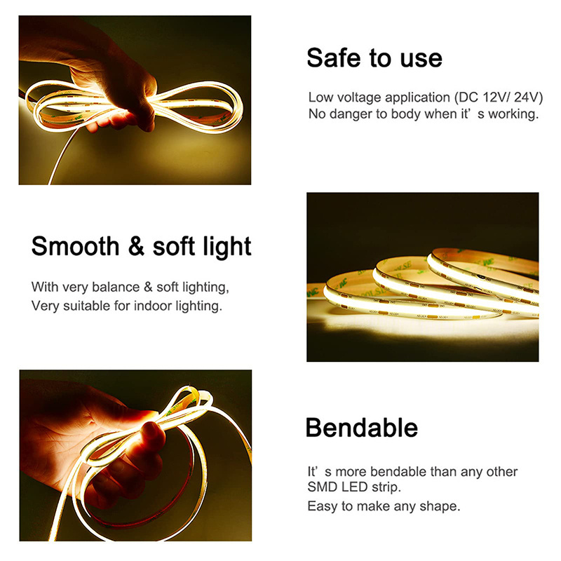 High Density high brightness IP20 12V24V 8mm width 480Leds 3000K/4000K/6500K COB Led Strip Light for Kitchen living room