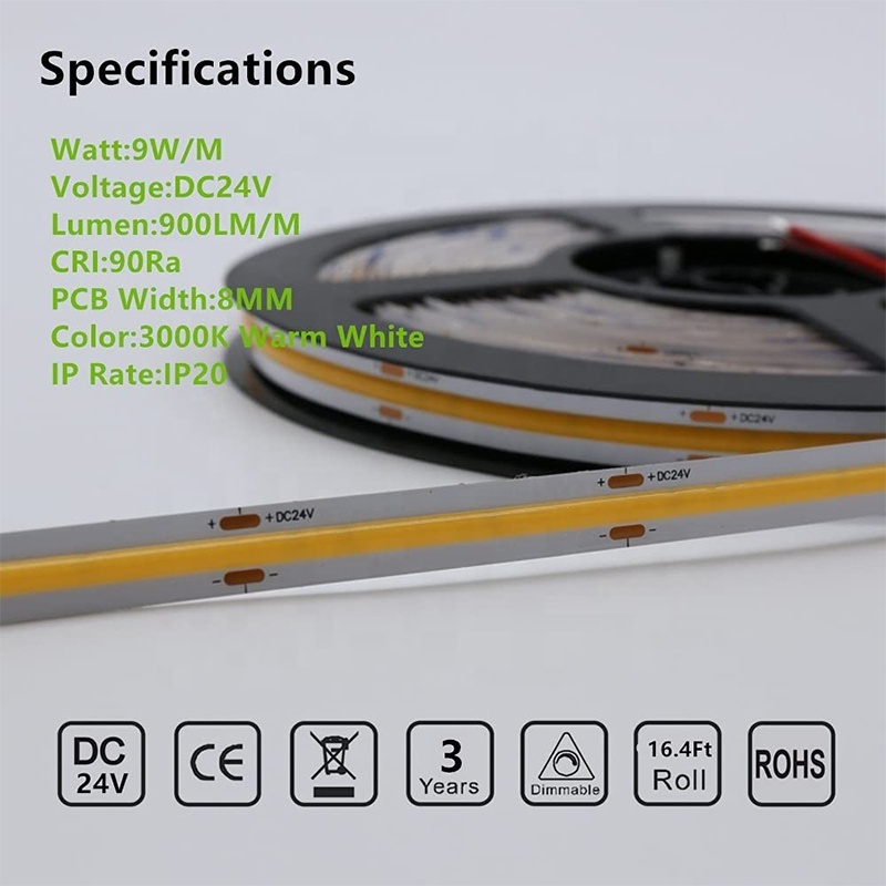 Factory Wholesale COB Led Strip Light CE RoHs IP20 8mm Width 12V 24V 3000K 4000K 6500K Warm Nature White flexible strip light