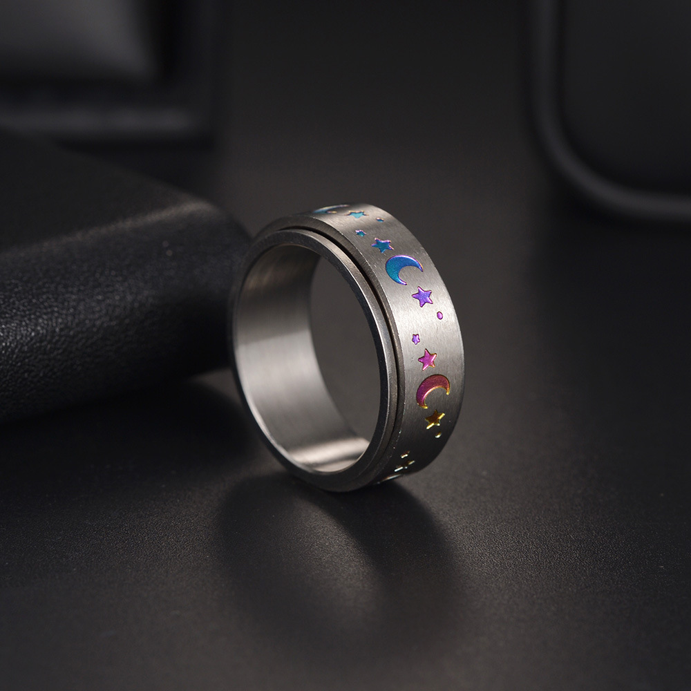 Statement 8mm Rotatable Ring Stainless Steel Fidget Spinner Punk Rings Beautiful Colorful Star Moon Ring for Women Men