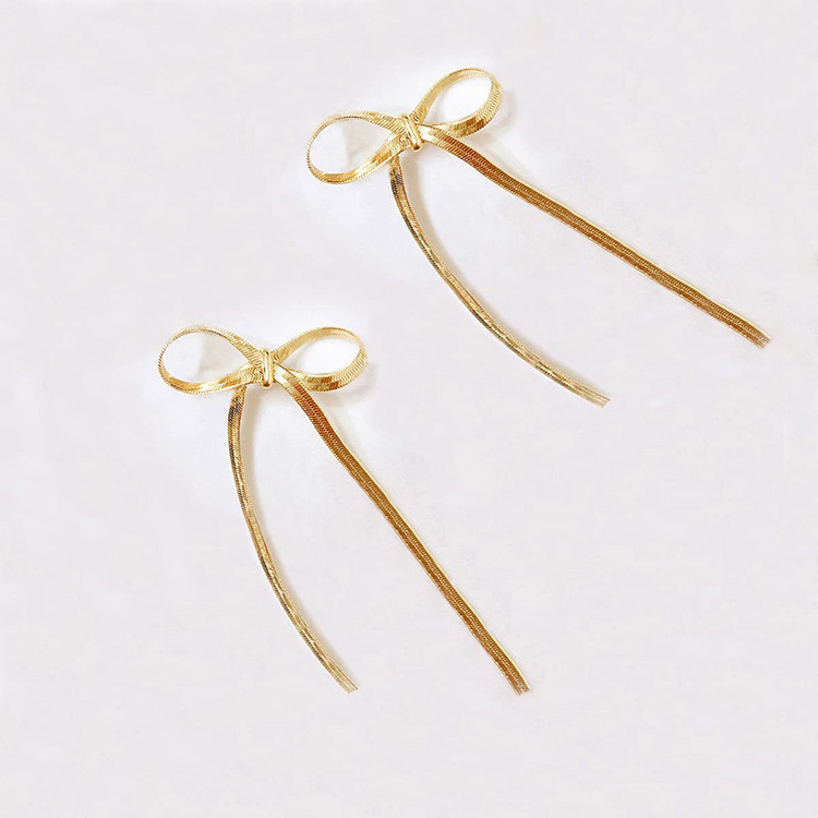 Fashion 18K Gold Plated Stainless Steel Earrings Temperament Bow Earrings Personalized Long Tassel Earrings Gifts for Women