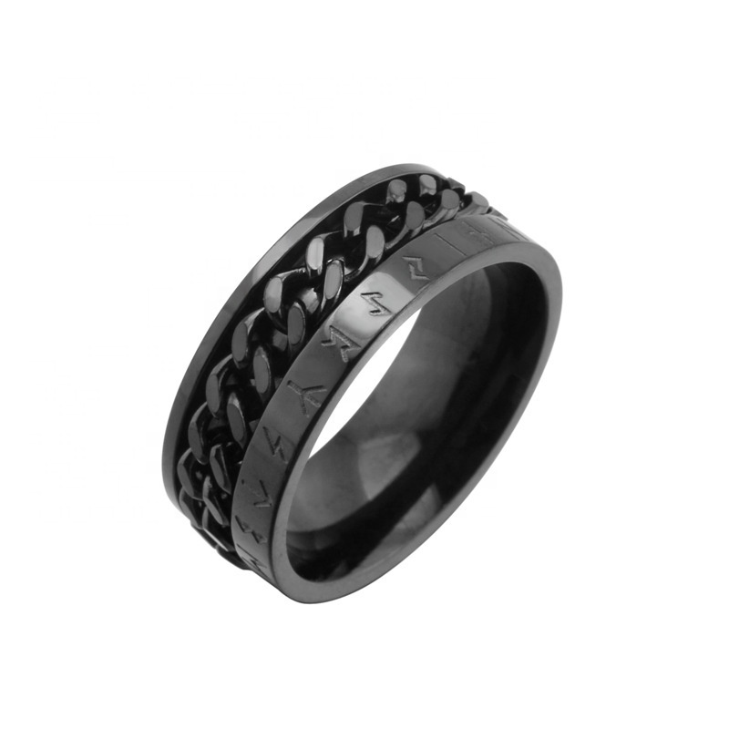 Personality Glow in the Dark Ring Titanium Steel Chain Spinner Ring Band Viking Rune Digital Rotating Punk Ring for Women Men