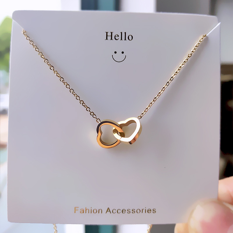 INS Korean Jewelry Gift Simple Stainless Steel 18k Gold Double Ring Love Heart to Heart Necklace for Women Gifts