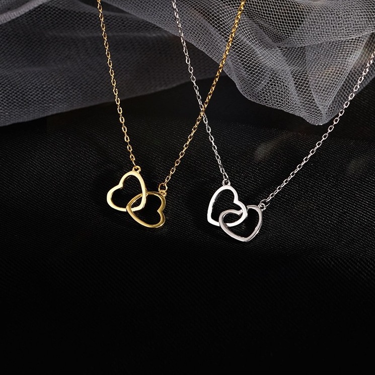 Fashion Heart Pendant Clavicle Chain Necklace Silver Heart Pendent Necklace Two Heart Shaped Necklace for Women and Girls