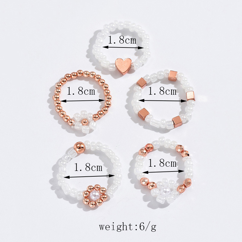 2024 Bohemian Minimalist Niche Woven Beaded Rings Trendy Cute Flower Heart Rings 5 Pieces Rings Set For Women