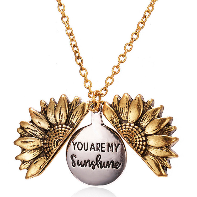 Fashion Couple Necklace You Are My Sunshine Sunflower Pendant Necklace Gold Silver Color Open Locket Flower Necklace for Women