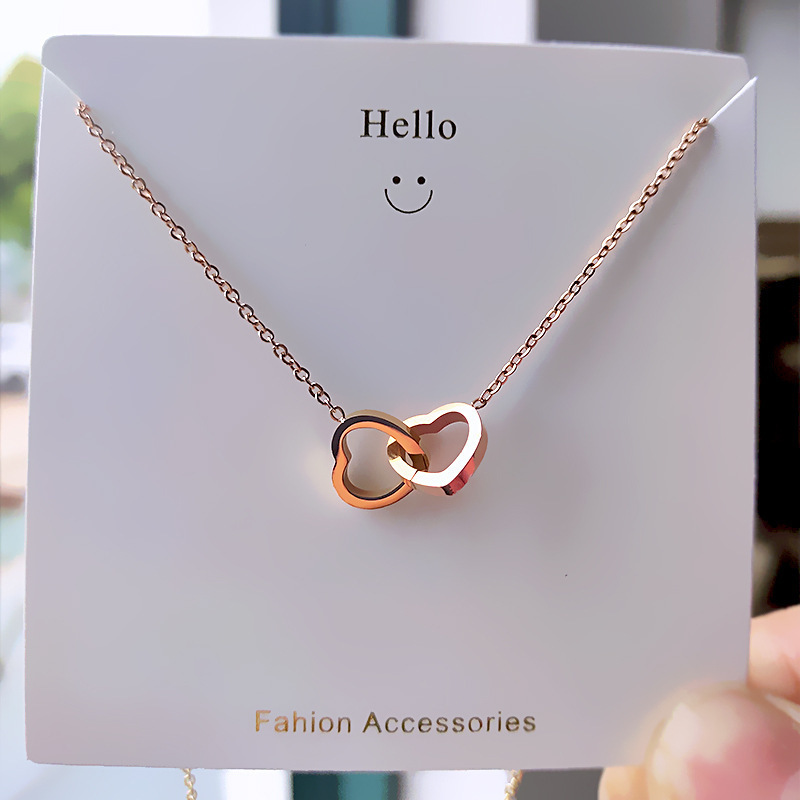 INS Korean Jewelry Gift Simple Stainless Steel 18k Gold Double Ring Love Heart to Heart Necklace for Women Gifts