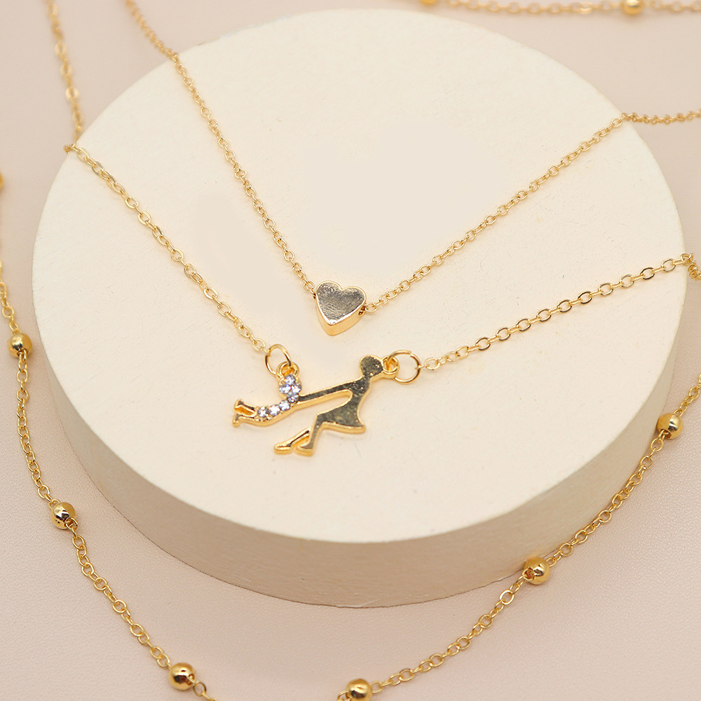 Fashion Multi Layered Gold Chain Necklace Mother's Day Gift Necklace Inlaid Zircon Mother Child Pendant Mama Necklace for Women