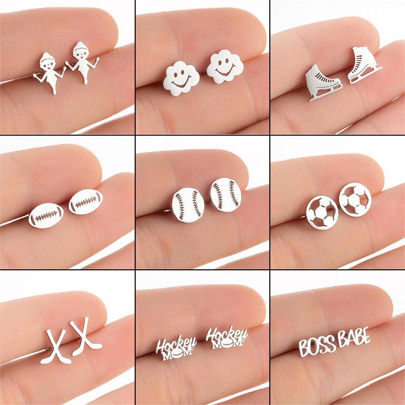 Wholesale SC New Fashion Jewelry Earrings Sports Skates Football Rugby Stud Earrings Stainless Steel Stud Earrings for Men Women