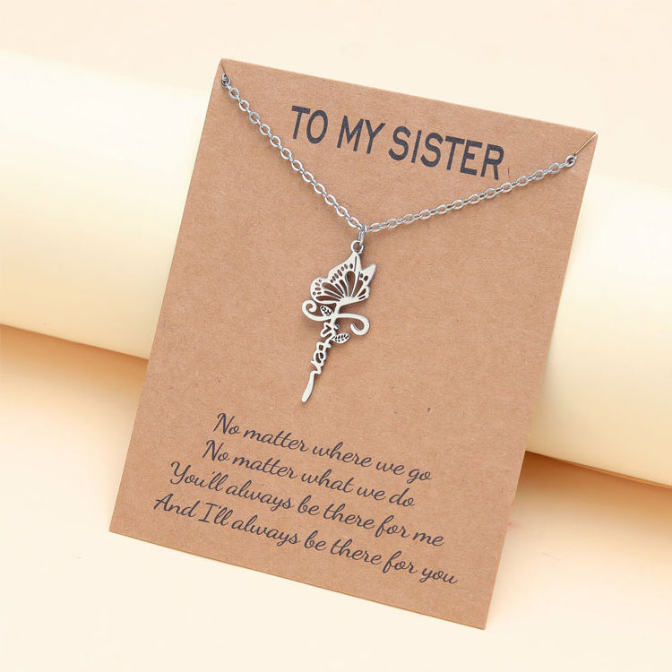 SC Personality Sister Card Pendant Necklaces Colourfast Stainless Steel Lovely Butterfly Pendant Necklaces Sister Gifts